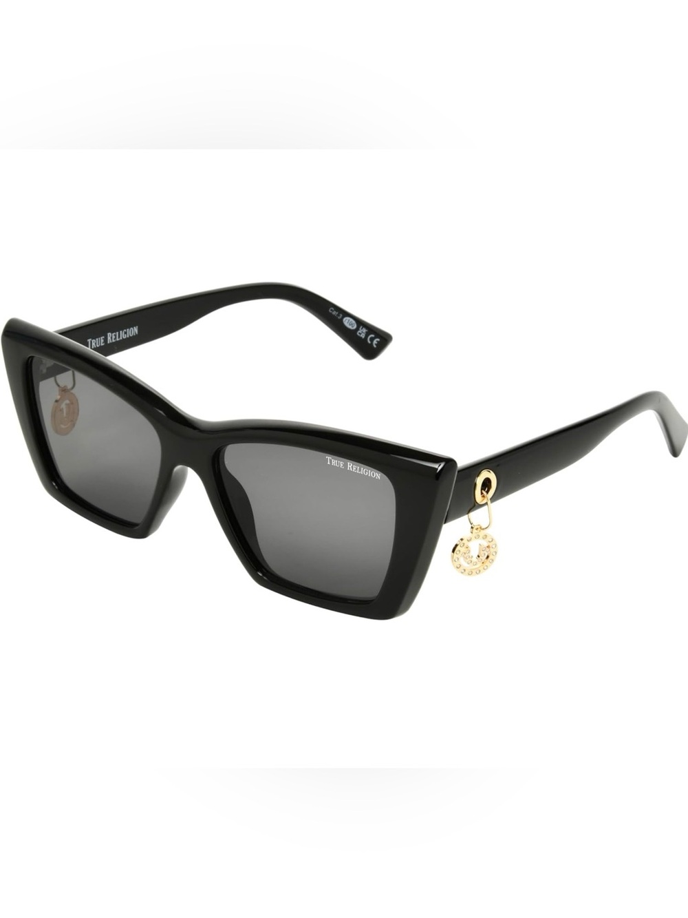 True Religion Women’s Sunglasses Cat Eye Roxy Big & Bold Black Dangling Charm